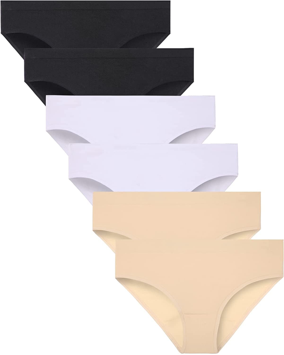 Areke Womens Bikini Panties Seamless Underwear, Soft Stretch Cheekini Hipster Briefs 6 Pack  Areke Black/White/Beige Large 
