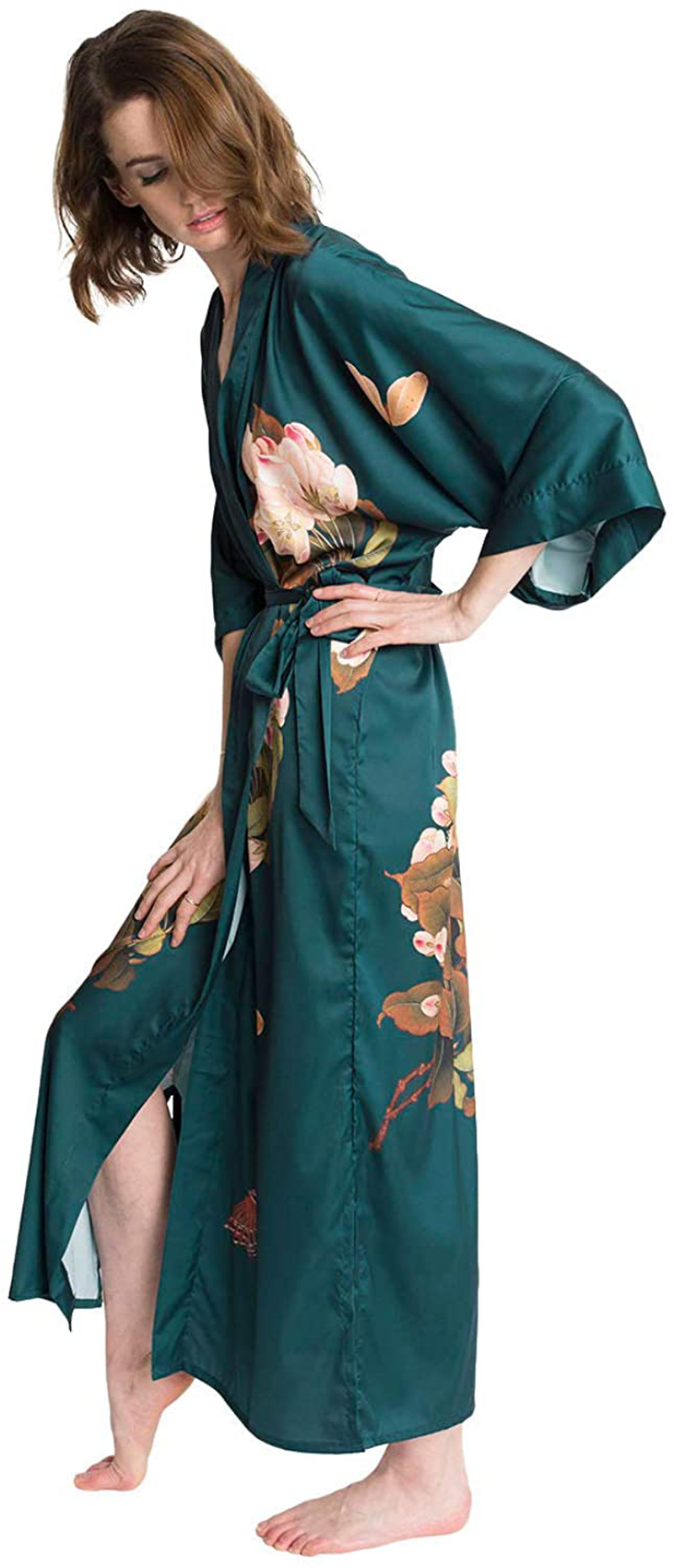 Women'S Charmeuse Kimono Robe Long - Watercolor Floral Apparel & Accessories > Clothing > Sleepwear & Loungewear > Robes OLDSHANGHAI   