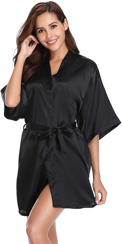 Vlazom Women'S Kimono Robes Short Satin Pure Color Bridal Party Robe with Oblique V-Neck Apparel & Accessories > Clothing > Sleepwear & Loungewear > Robes KYLIE MAX   