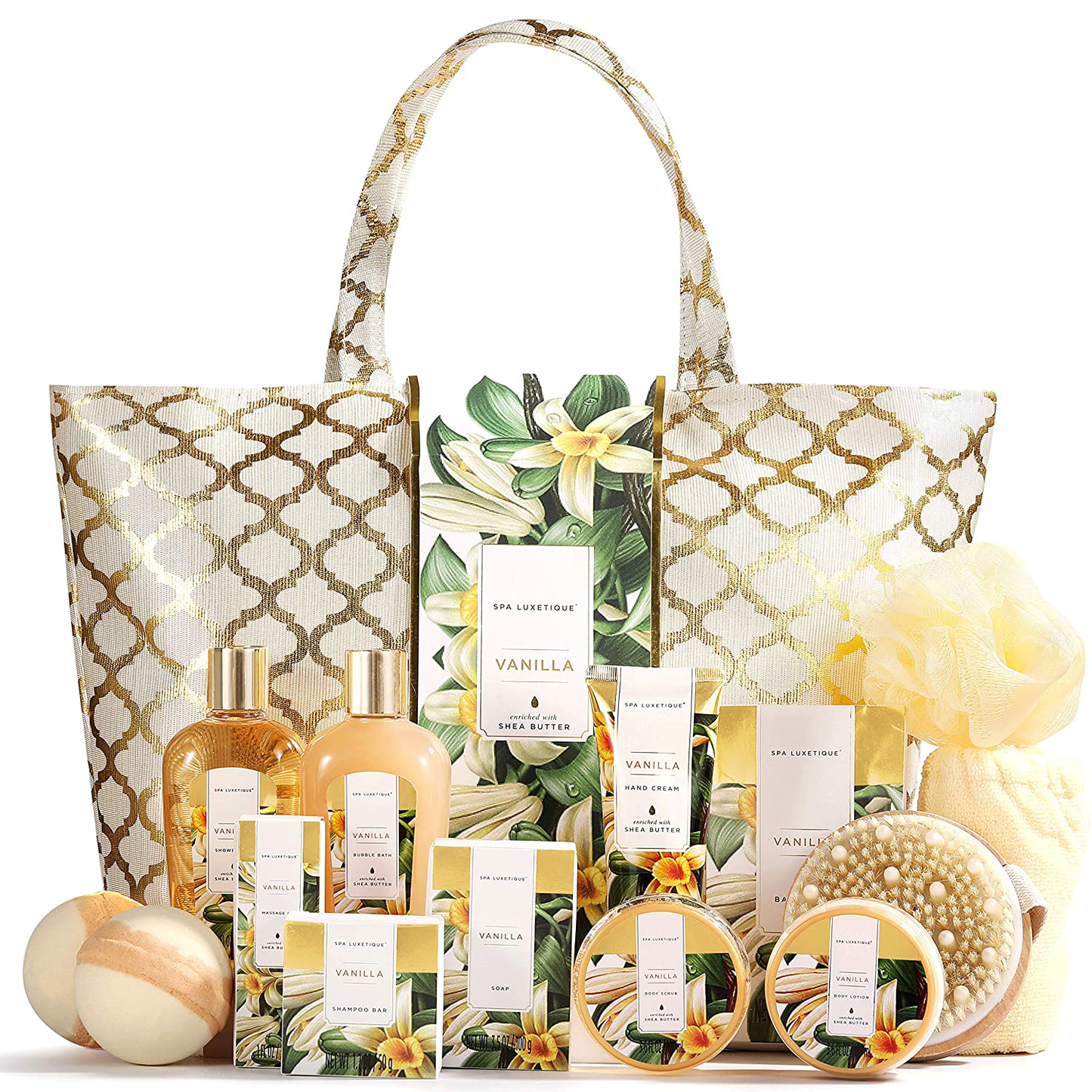 Spa Luxetique Spa Gift Basket, Vanilla Gift Baskets for Women, Luxury 15 Pcs Bath Gift Set, Relaxing at Home Bath Set with Massage Oil, Bath Salt, Bubble Bath, Christmas Gift Set for Women. Arts & Entertainment > Party & Celebration > Gift Giving spa luxetique   