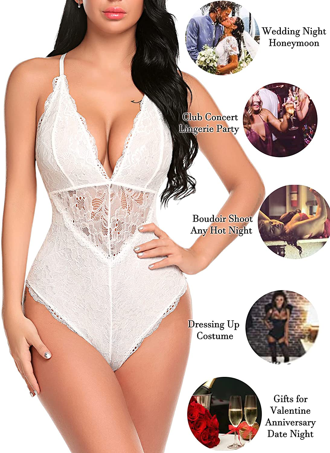 Avidlove Women Snap Crotch Lingerie Sexy Lace Bodysuit Deep V Teddy One Piece Lace Babydoll Apparel & Accessories > Clothing > Underwear & Socks > Lingerie Avidlove   