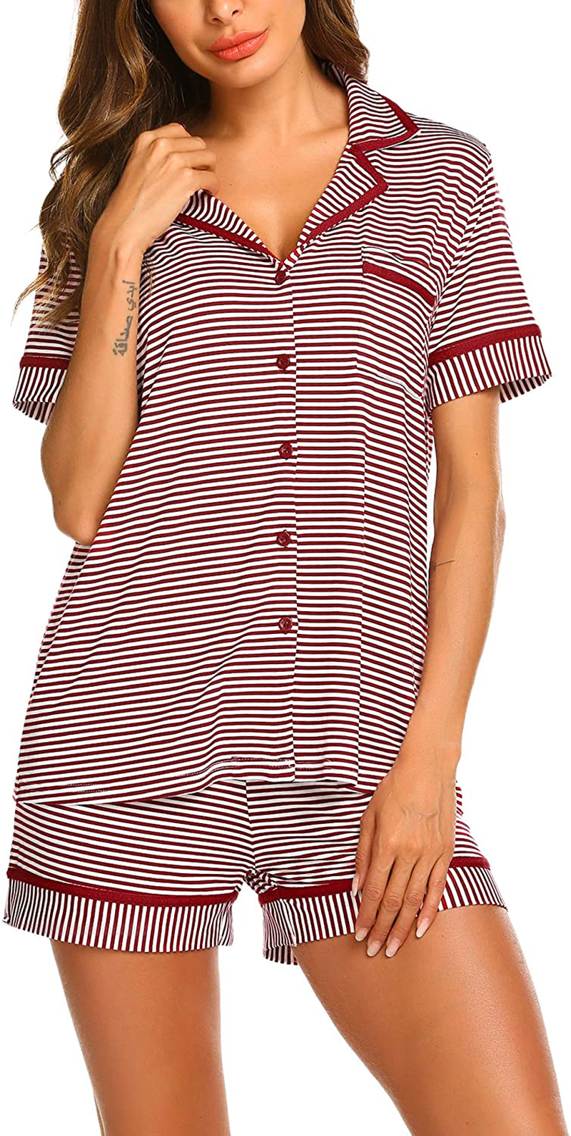 Ekouaer Pajamas Soft Striped Women's Short Sleeve Button Sleepwear Shorts Shirt PJ Set(S-XXL) Apparel & Accessories > Clothing > Sleepwear & Loungewear > Pajamas Ekouaer A-wine Red Striped XX-Large 