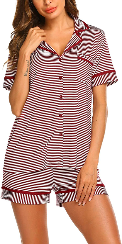 Ekouaer Pajamas Soft Striped Women's Short Sleeve Button Sleepwear Shorts Shirt PJ Set(S-XXL) Apparel & Accessories > Clothing > Sleepwear & Loungewear > Pajamas Ekouaer A-wine Red Striped XX-Large 