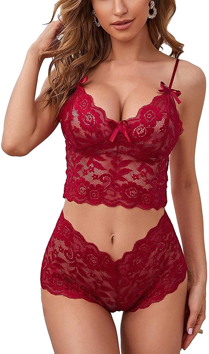 Lilosy Sexy Sheer Floral Lace Pajamas Lingerie Set High Waist Sleepwear Bra and Panty 2 Piece Nightwear Apparel & Accessories > Clothing > Underwear & Socks > Lingerie Lilosy Bow Ties Burgundy Red Medium 
