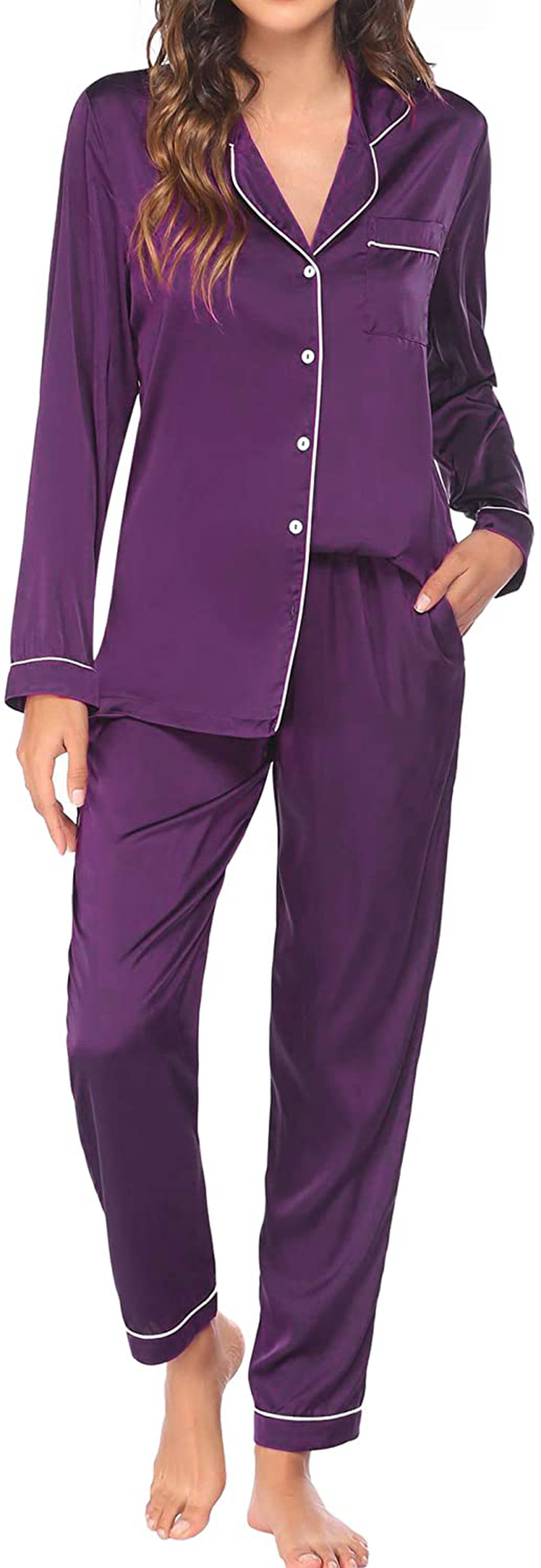 Ekouaer Satin Pajamas Women’S Long Sleeve Sleepwear Silk Soft Button down Loungewear Pjs Set S-XXL Apparel & Accessories > Clothing > Sleepwear & Loungewear > Pajamas Kylie Max   
