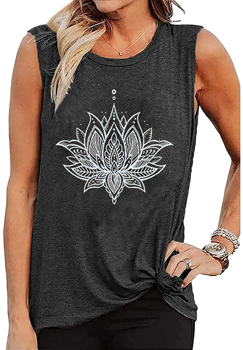 QIANRUO Lotus Flower Tank Top Women Meditation Yoga Shirts Casual Workout Muscle Tank Top Summer Sleeveless Graphic Tees Vest Apparel & Accessories > Clothing > Activewear Kylie Max   