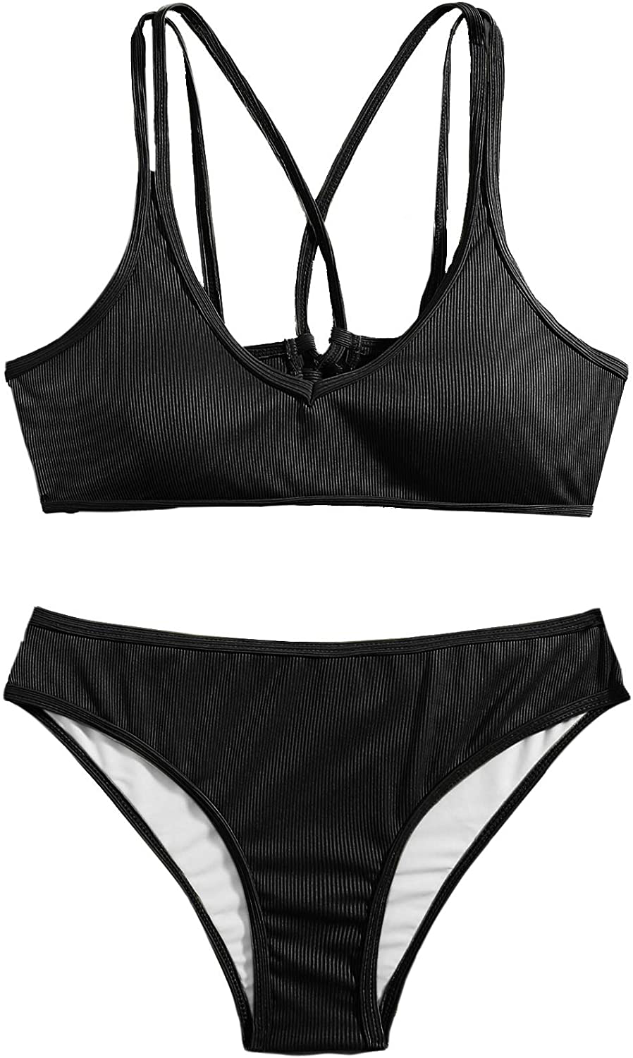 SweatyRocks Women's Bathing Suits Spaghetti Strap Criss Cross Back Bikini Ribbed Swimsuit Apparel & Accessories > Clothing > Swimwear SweatyRocks Solid Black Small 