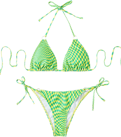 SOLY HUX Women's Halter Triangle Tie Side Bikini 2 Piece Swimsuits Apparel & Accessories > Clothing > Swimwear SOLY HUX Green Checkered Large 