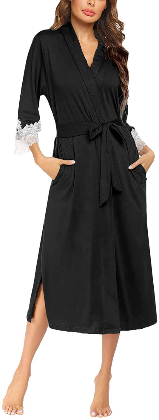 Ekouaer Women Kimono Robes Lightweight Robe Long Knit Bathrobe Soft Sleepwear Ladies Loungewear S-XXL Apparel & Accessories > Clothing > Sleepwear & Loungewear > Robes Ekouaer A-black X-Large 