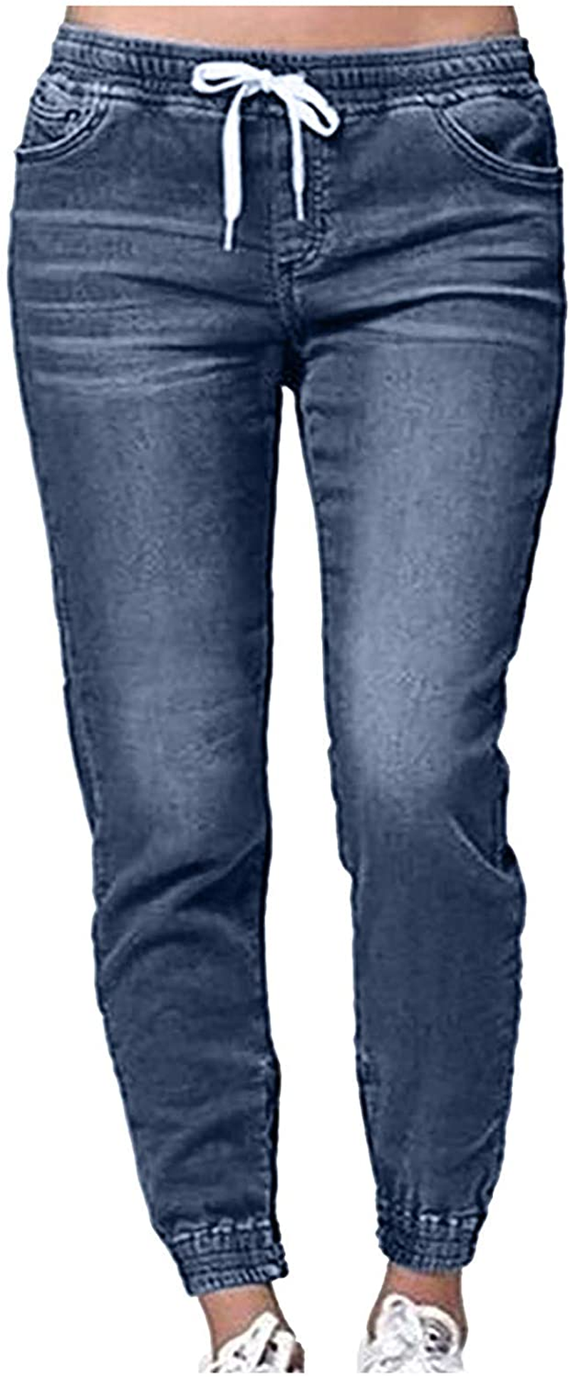 Burband Womens Jeans Drawstring Elastic Waist Sweatpants Active Wear Jogger Pants Sports Lounge Pants with Pockets Apparel & Accessories > Clothing > Underwear & Socks > Shapewear Burband Dark Blue Large 