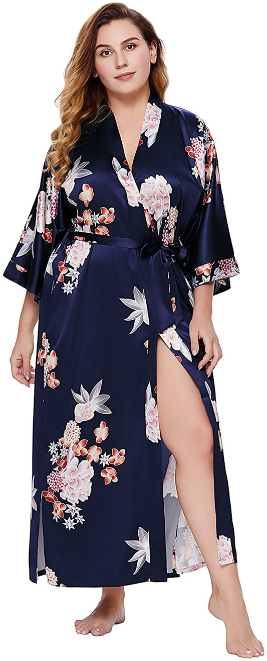 BABEYOND Long Kimono Robe plus Size Floral Satin Robes plus Size Kimono Cover up Loose Cardigan Top Bachelorette Party Robe Apparel & Accessories > Clothing > Sleepwear & Loungewear > Robes KYLIE MAX Navy Blue  