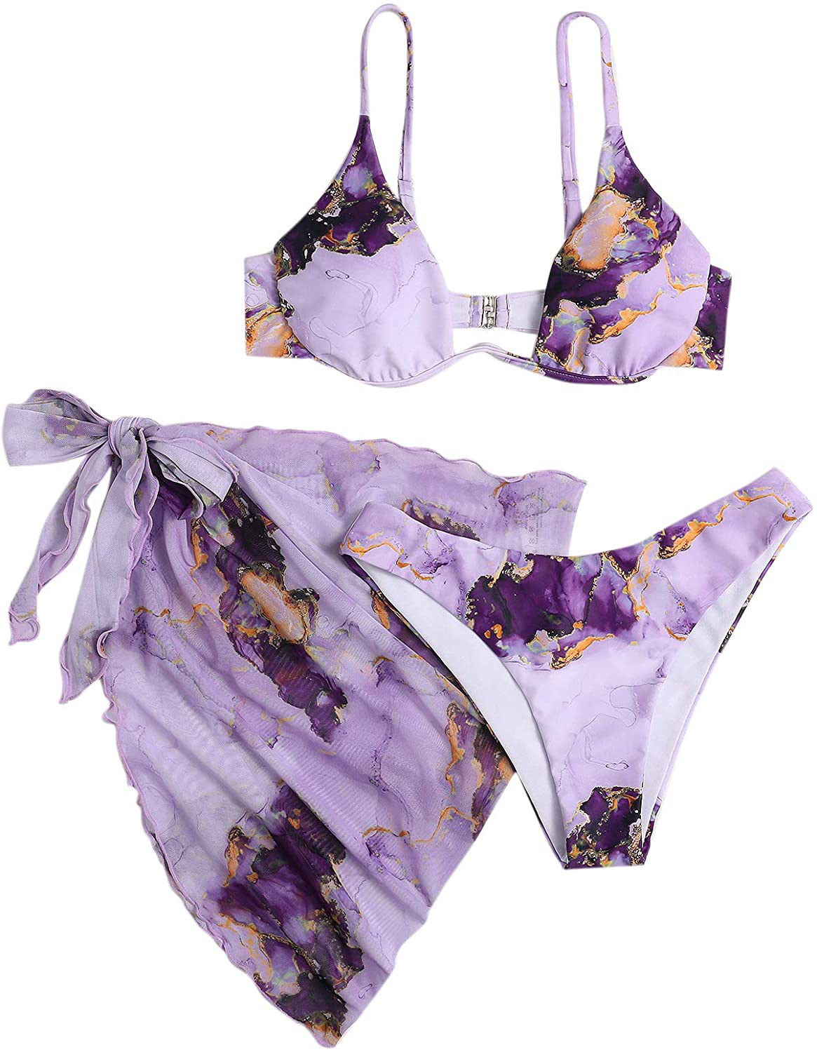 SheIn Women's 3 Piece Tie Dye Underwire Bikini Set Swimsuit and Cover Up Beach Skirt Apparel & Accessories > Clothing > Swimwear SheIn   