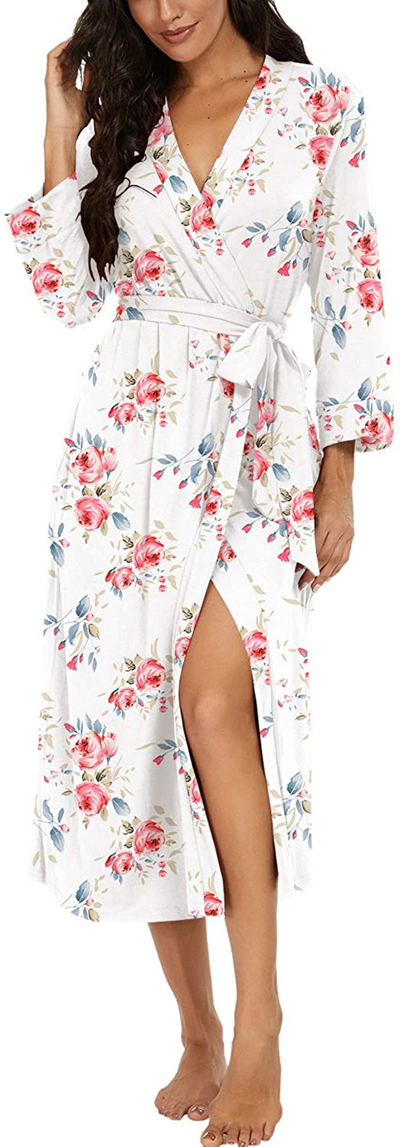 VINTATRE Women Kimono Robes Long Knit Bathrobe Lightweight Soft Knit Sleepwear V-Neck Casual Ladies Loungewear Apparel & Accessories > Clothing > Sleepwear & Loungewear > Robes VINTATRE C06 Fp-white Large 