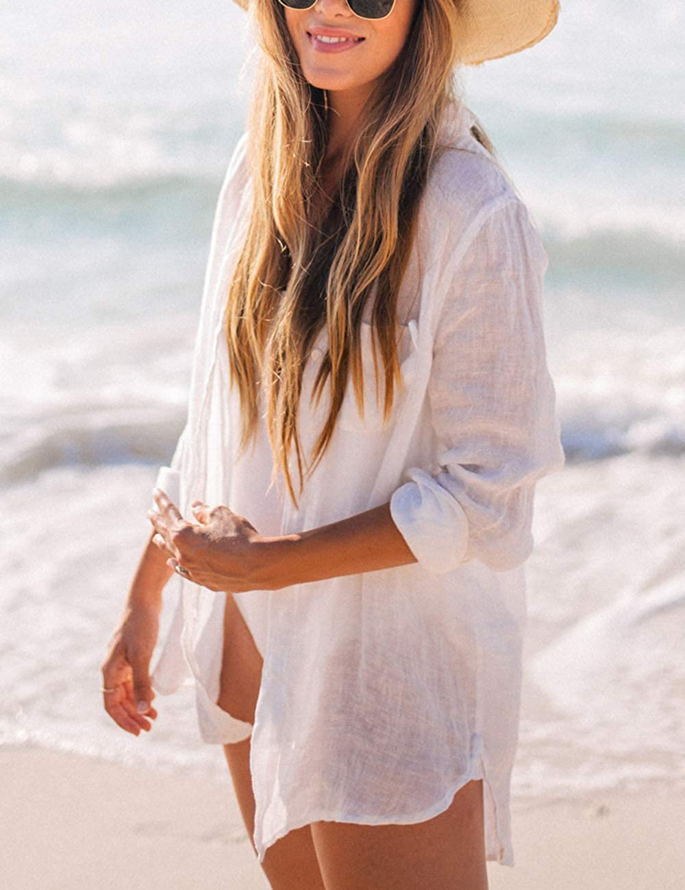 Bsubseach Women Long Sleeve Beach Shirt Blouses Turn down Collar Bathing Suit Cover Ups Apparel & Accessories > Clothing > Swimwear Kylie Max   