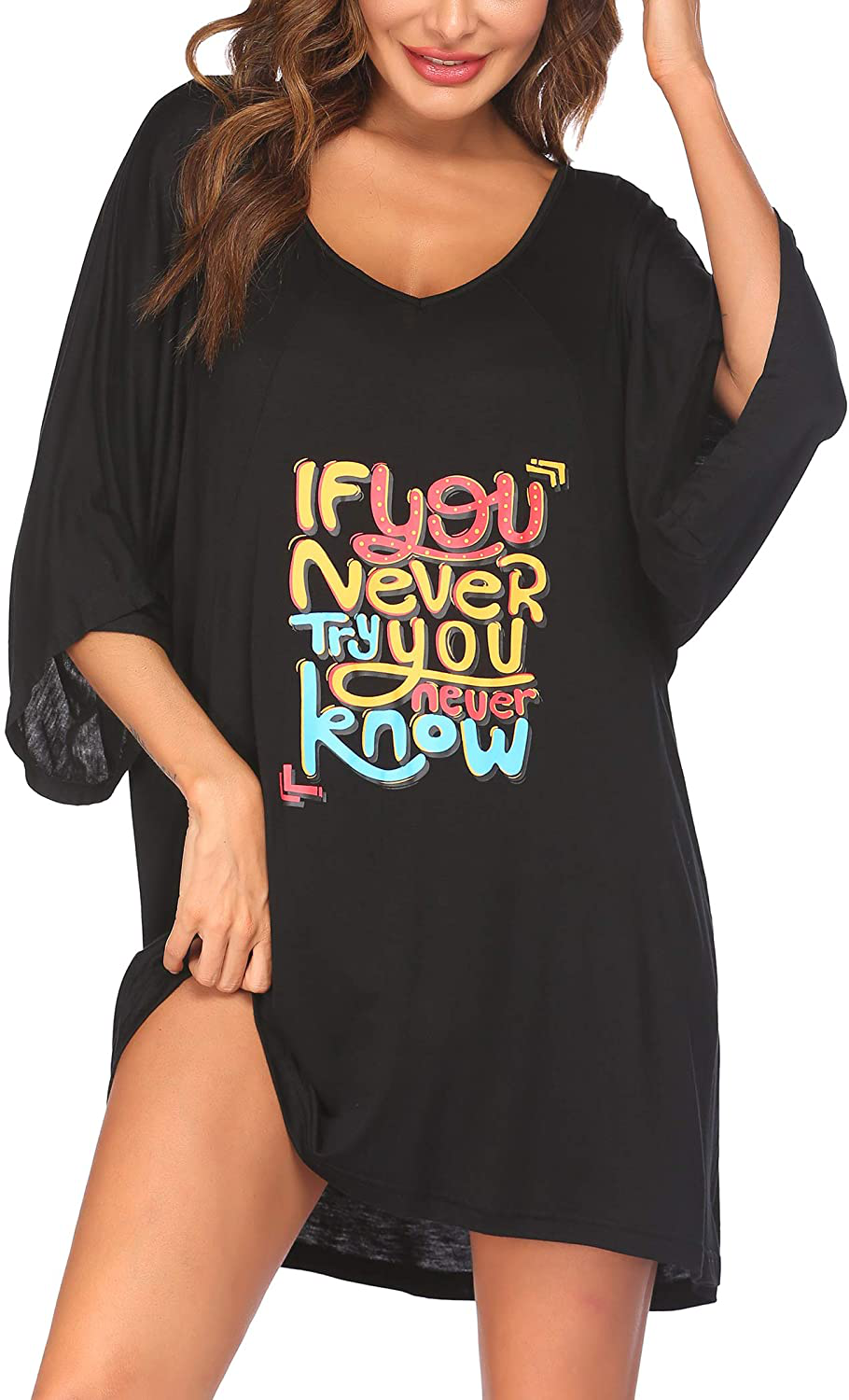 Ekouaer Women'S Sleepshirt Deep V Neck Nightgown Batwing Nightshirt Oversized Sleepwear Loungewear plus Size Apparel & Accessories > Clothing > Sleepwear & Loungewear > Nightgowns Kylie Max   
