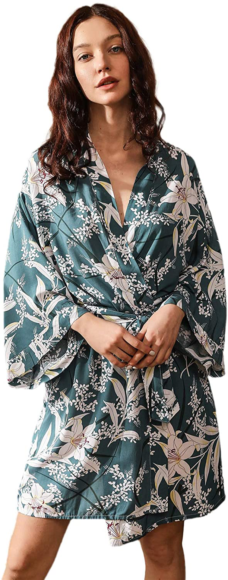 Floerns Women'S Bridesmaid Satin Kimono Oblique V Neck Bathrobe Robes Apparel & Accessories > Clothing > Sleepwear & Loungewear > Robes Floerns Green Plant Large 