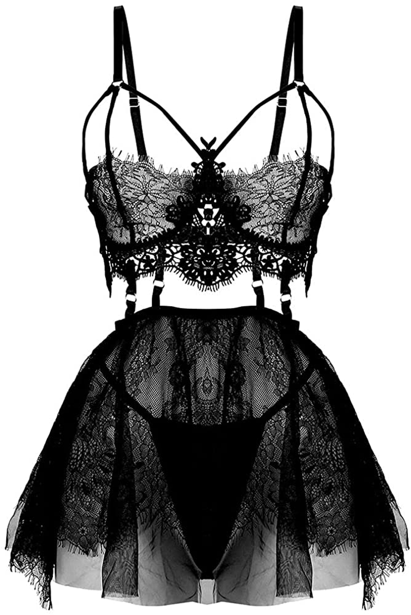 Plus Size Lingerie for Women Lace Black Babydoll Sexy Mesh High Waisted Nightdress Strappy Exotic Sleepwear Apparel & Accessories > Clothing > Underwear & Socks > Lingerie Kylie Max   