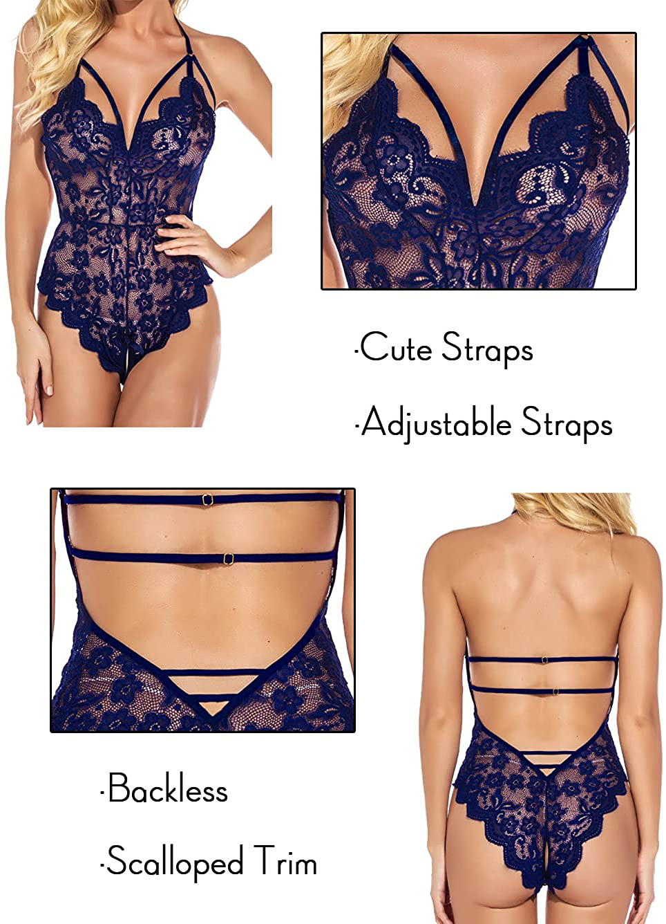 Kaei&Shi Sexy Lingerie for Women,Sheer Lace One Piece High Cut Bodysuit,V Neck Backless Floral Halter Teddy Valentine Apparel & Accessories > Clothing > Underwear & Socks > Lingerie Kaei&Shi   