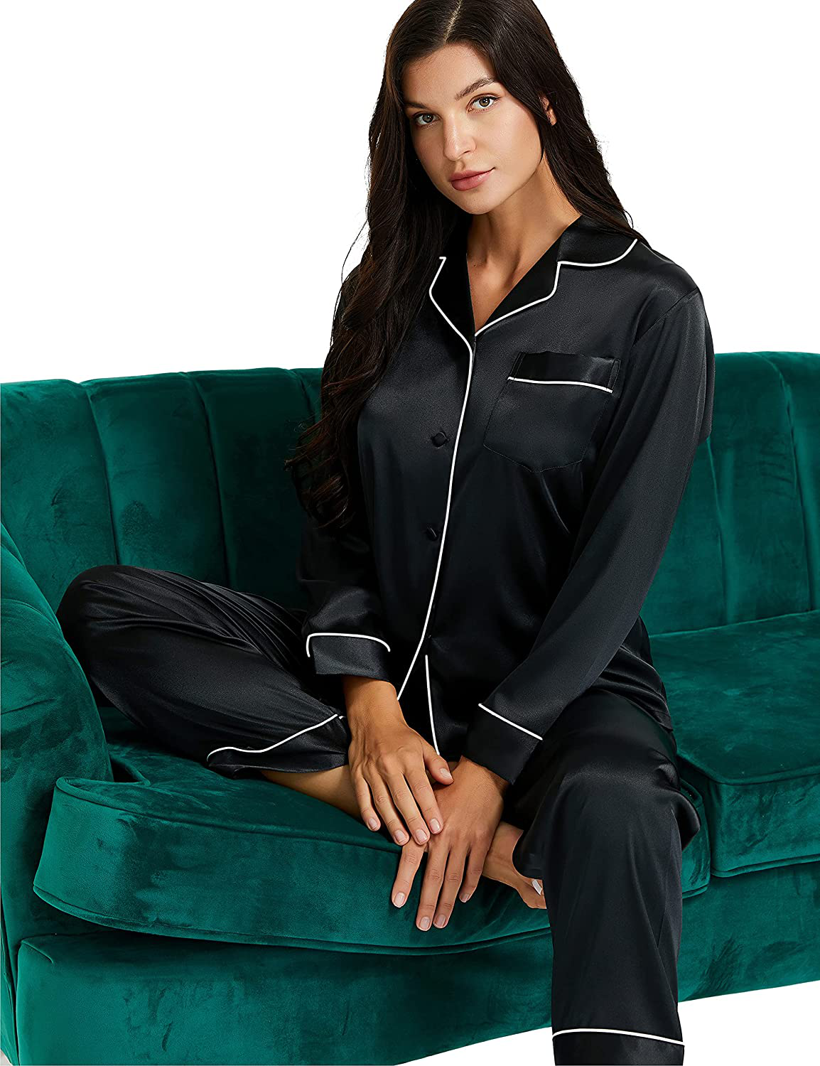 LONXU Womens Silk Satin Pajamas Set Button Down Sleepwear Loungewear XS~3XL Apparel & Accessories > Clothing > Sleepwear & Loungewear > Pajamas Lonxu   