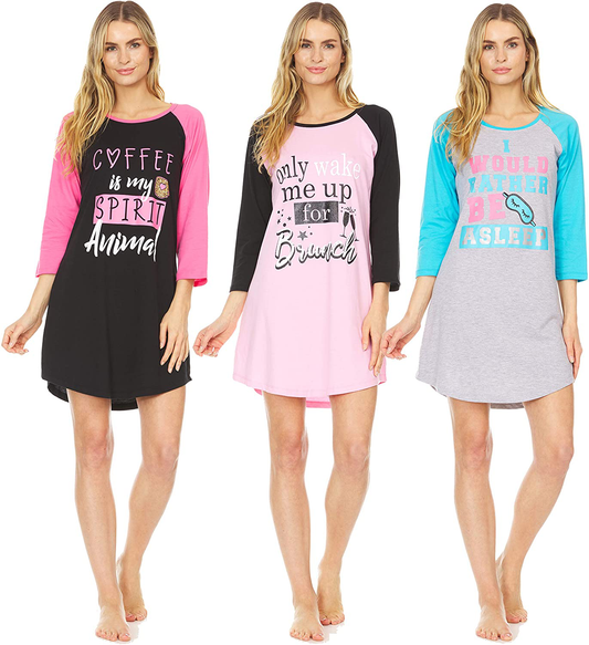 Essential Elements 3 Pack: Womens 100% Cotton Sleep Shirt - Soft Printed Sleep Dress Nightgown Sleepwear Pajama Nightshirt Apparel & Accessories > Clothing > Sleepwear & Loungewear > Nightgowns Kylie Max   