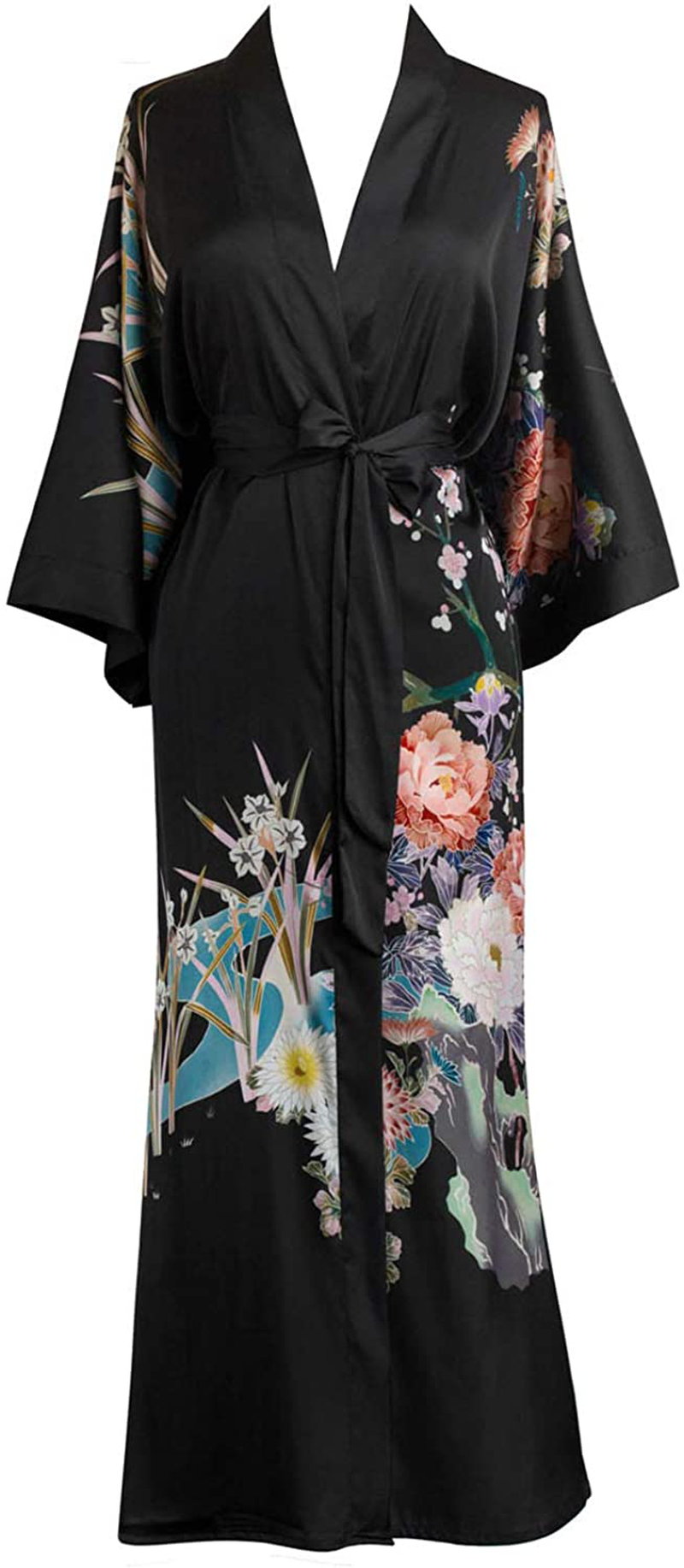 KIM+ONO Women'S Charmeuse Kimono Robe Long - Watercolor Floral Apparel & Accessories > Clothing > Sleepwear & Loungewear > Robes KIM+ONO Spring Floral - Black  