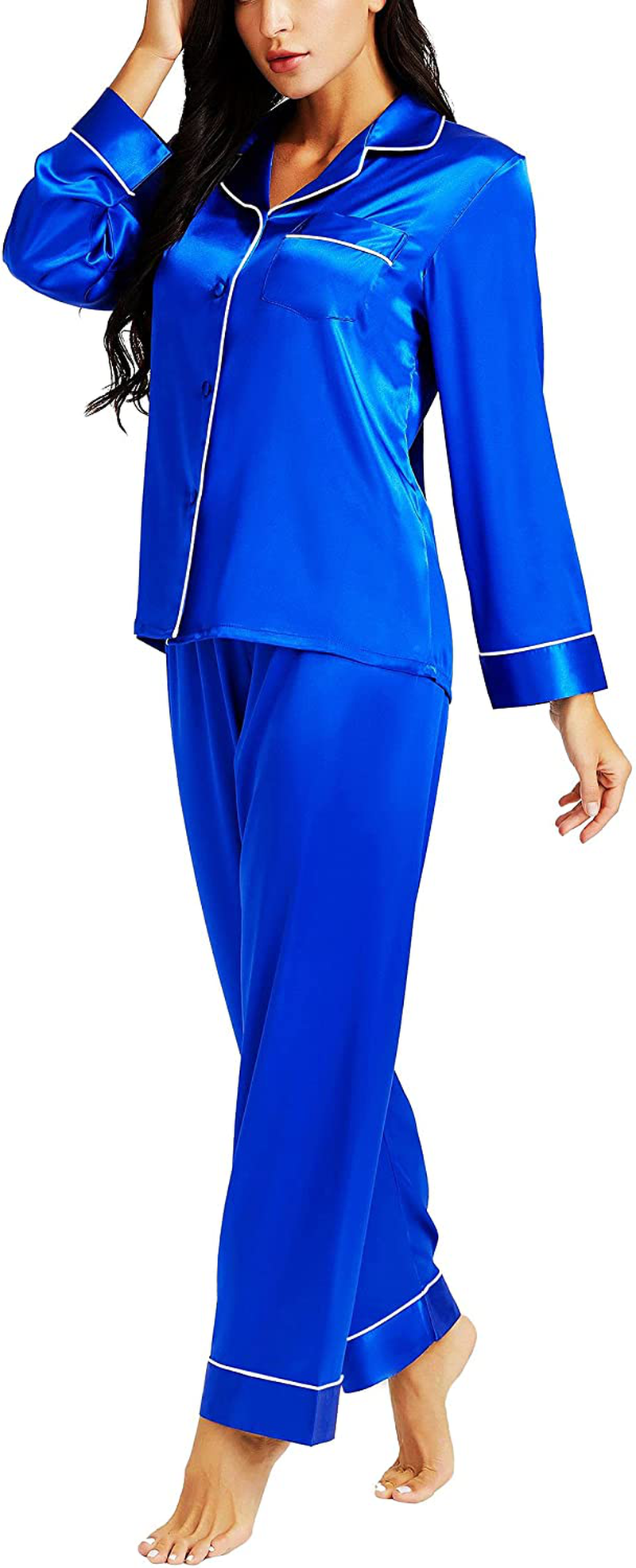 LONXU Womens Silk Satin Pajamas Set Button Down Sleepwear Loungewear XS~3XL Apparel & Accessories > Clothing > Sleepwear & Loungewear > Pajamas Lonxu Royal Blue X-Large 