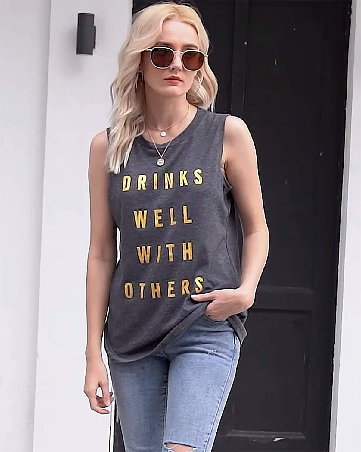 Drinks Well with Others Muscle Tank Tops Womens Funny Drinking Alcohol Sleeveless Letter Printed Graphic Tee Shirt Tops Apparel & Accessories > Clothing > Activewear Kylie Max   
