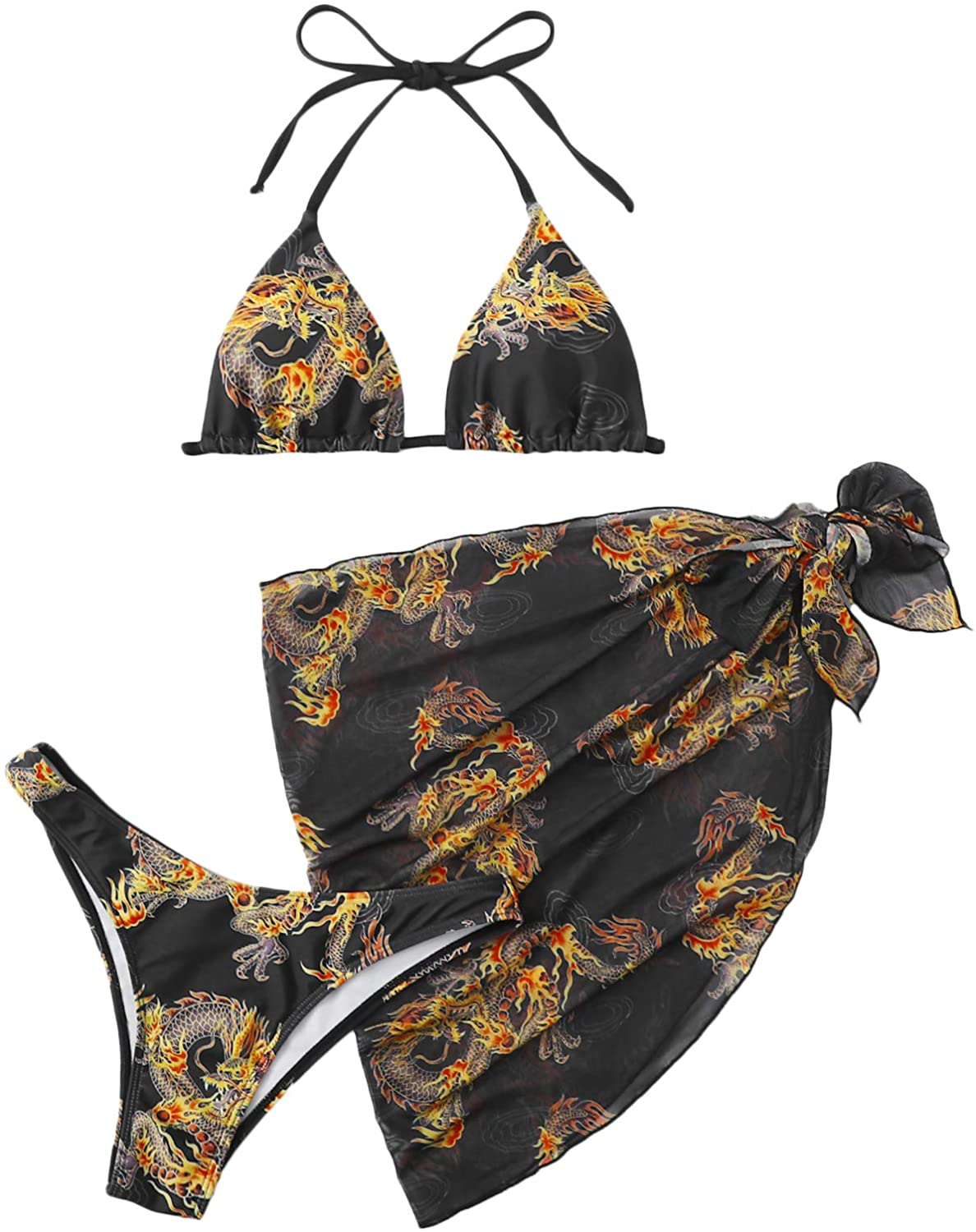 SOLY HUX Women's Wrap Triangle Bikini Bathing Suits with Mesh Beach Skirt 3 Piece Swimsuits Apparel & Accessories > Clothing > Swimwear KYLIE MAX Black Dragon Large 