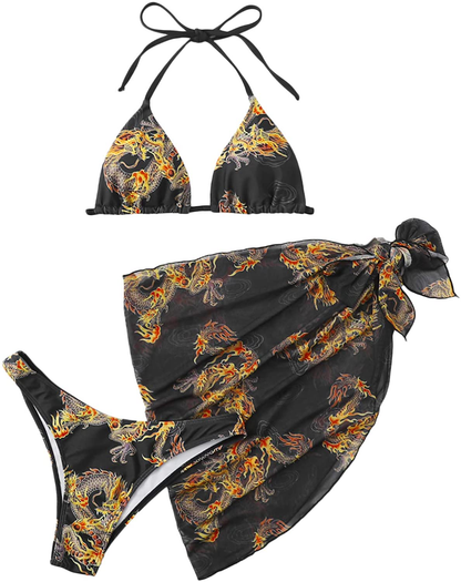 SOLY HUX Women's Wrap Triangle Bikini Bathing Suits with Mesh Beach Skirt 3 Piece Swimsuits Apparel & Accessories > Clothing > Swimwear KYLIE MAX Black Dragon Large 