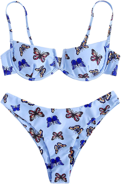 SweatyRocks Women's Sexy Bathing Suits Spaghetti Strap Floral Bikini Set Underwire Swimsuit Apparel & Accessories > Clothing > Swimwear SweatyRocks Blue Butterfly Medium 