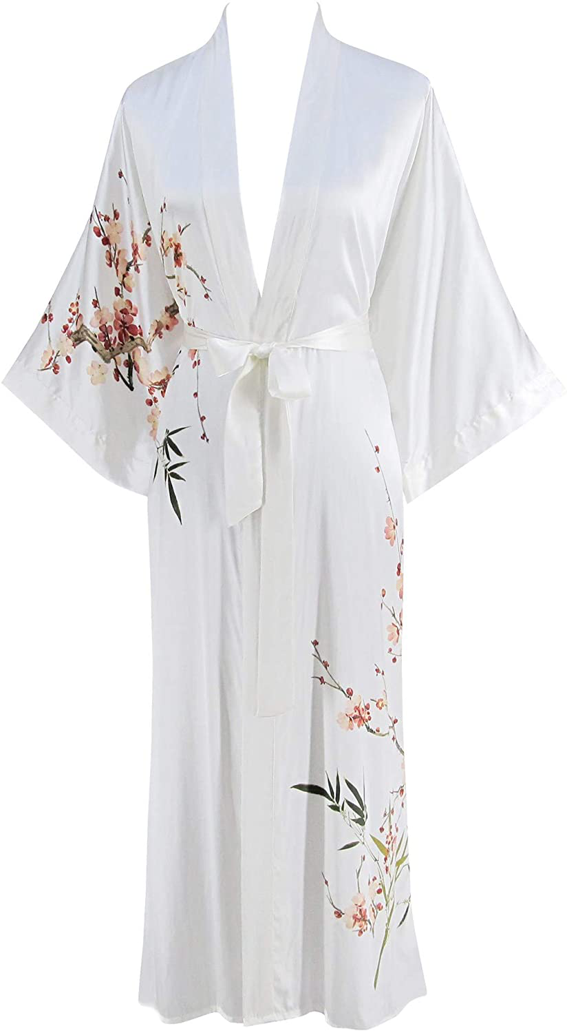 Ledamon Women'S 100% Silk Kimono Long Robe - Classic Colors and Prints Apparel & Accessories > Clothing > Sleepwear & Loungewear > Robes Ledamon White-a  