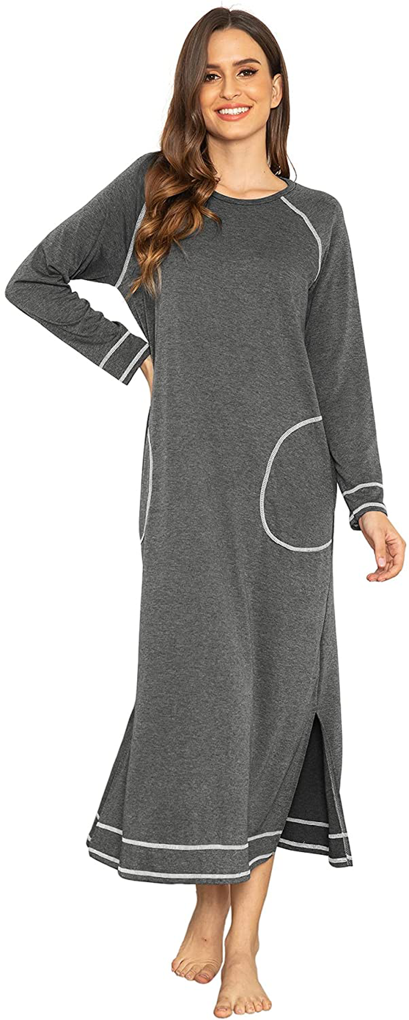Ekouaer Women'S Nightshirt Long Sleeve Nightgown round Neck Sleepwear Full Length Pajama Dress with Pockets Loungewear S-XXL Apparel & Accessories > Clothing > Sleepwear & Loungewear > Nightgowns Kylie Max   