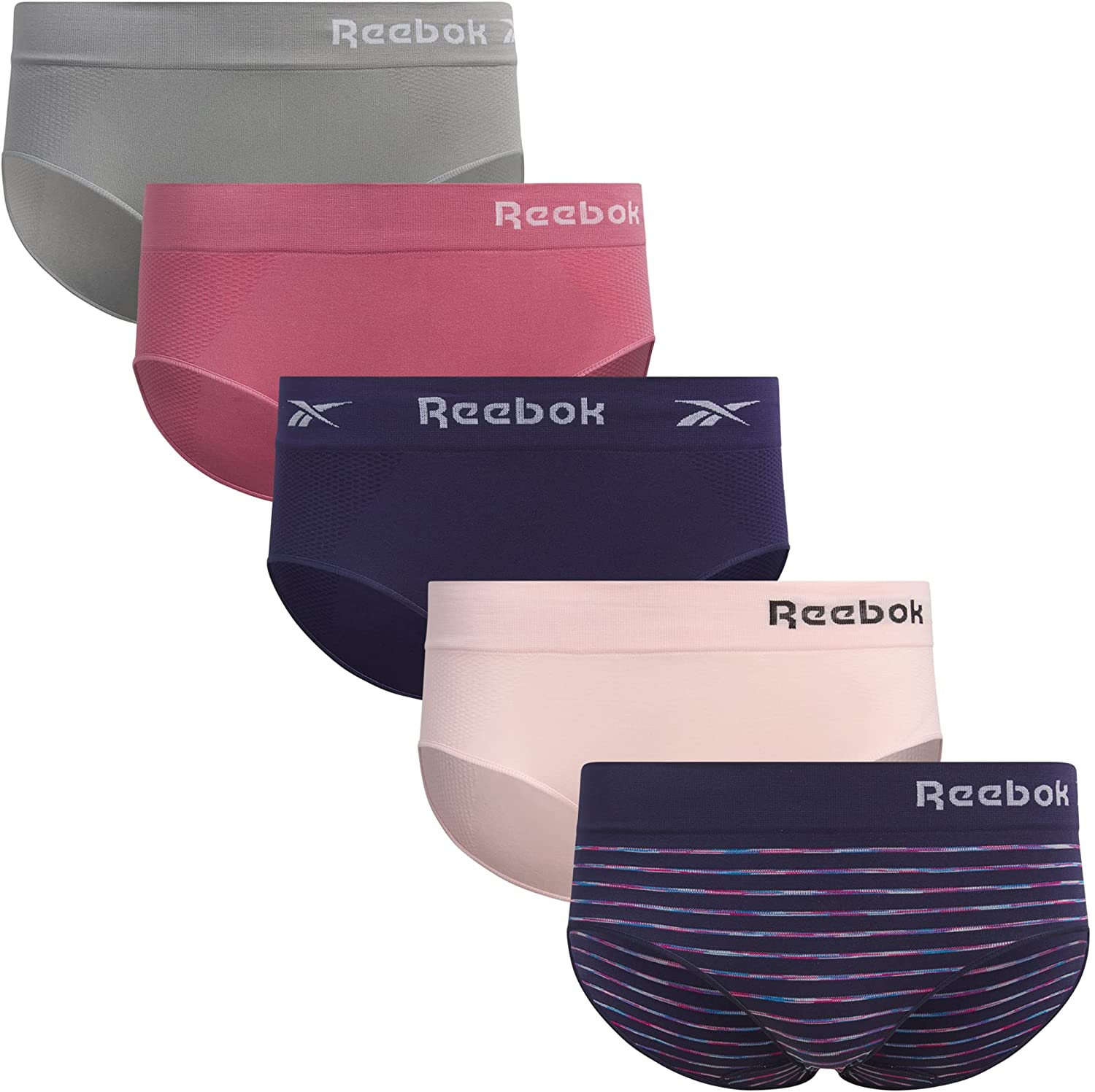 Reebok Women'S Underwear - Seamless Hipster Briefs (5 Pack) Apparel & Accessories > Clothing > Underwear & Socks > Underwear Reebok Navy/Pink/Grey Large 