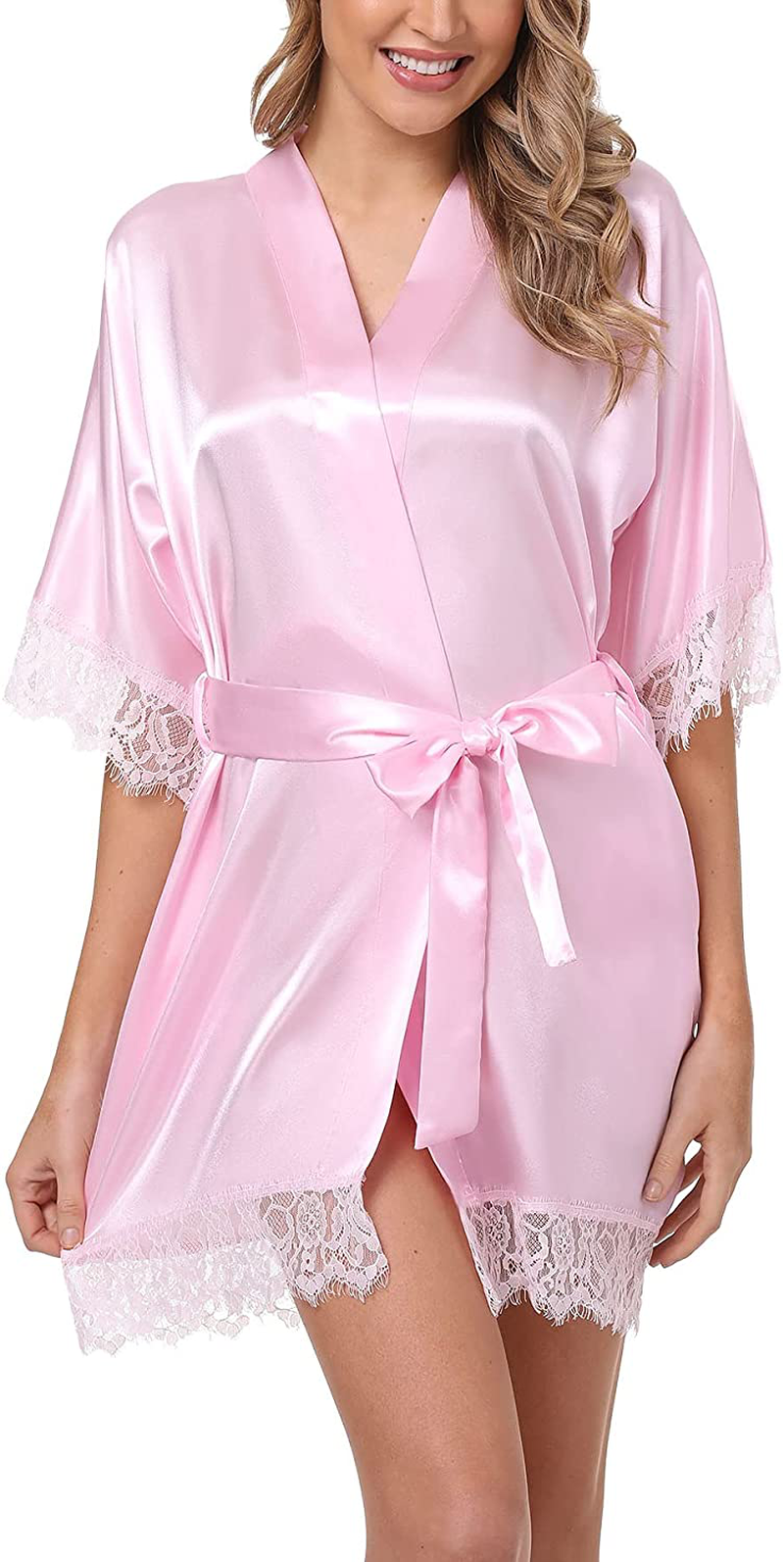 Old-Times Women Satin Short Robes for Bridesmaid Bride Sexy Nightgown Lace Trim Lightweight Bathrobe Apparel & Accessories > Clothing > Sleepwear & Loungewear > Robes Old-Times   