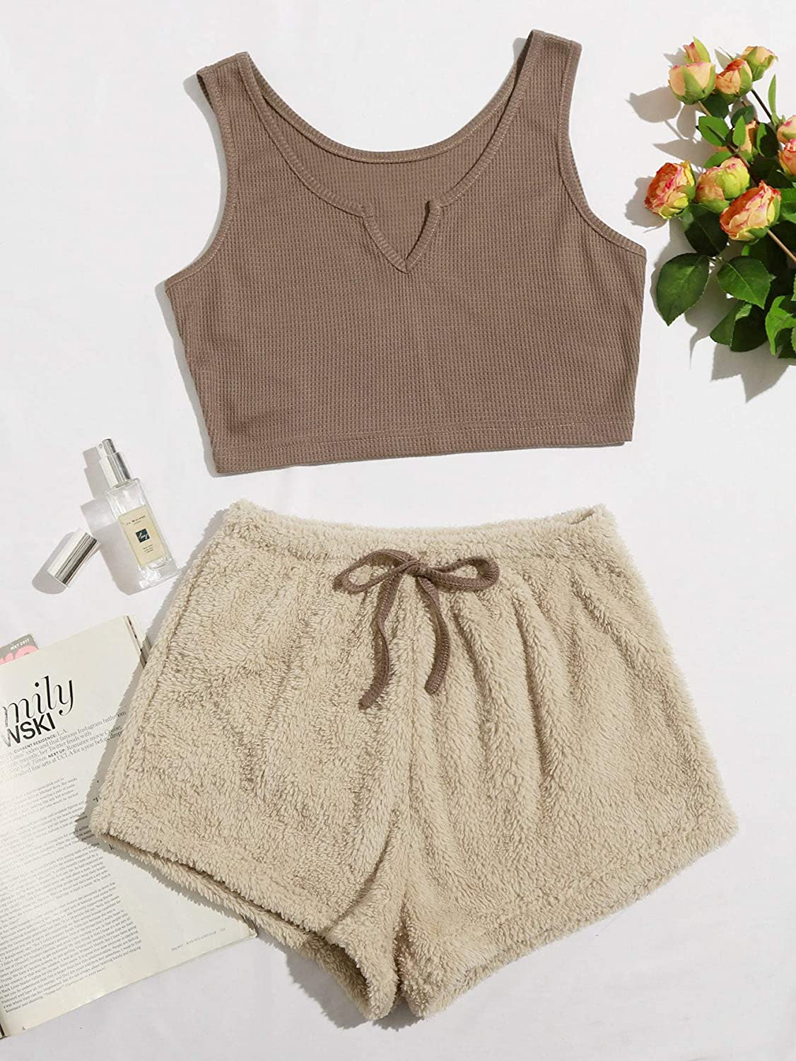 Verdusa Women'S 2 Piece PJ Set Notched Tank Top & Teddy Shorts Fuzzy Lounge Pajama Set Apparel & Accessories > Clothing > Sleepwear & Loungewear Kylie Max   