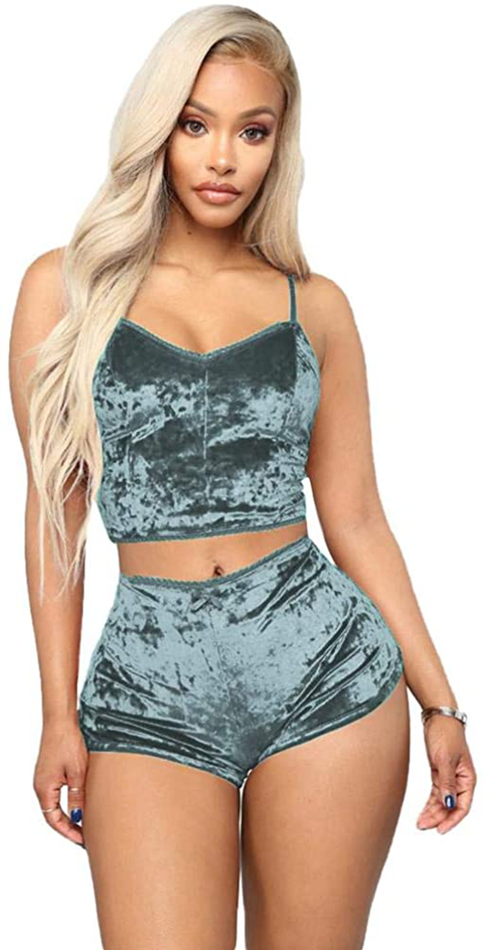 Women Sexy Velvet 2 Piece Outfit Spaghetti Strap Leopard Tie Dye Cami Crop Top + Shorts Bottom Sleepwear Pajama Set Nightwear Apparel & Accessories > Clothing > Sleepwear & Loungewear Kylie Max   