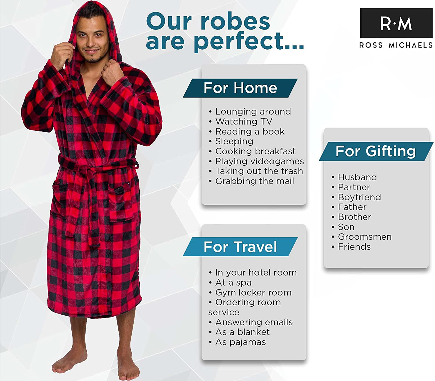 Ross Michaels Mens Robe with Hood - Mid Length - Buffalo Plaid Plush Fleece Bathrobe Apparel & Accessories > Clothing > Sleepwear & Loungewear > Robes Kylie Max   