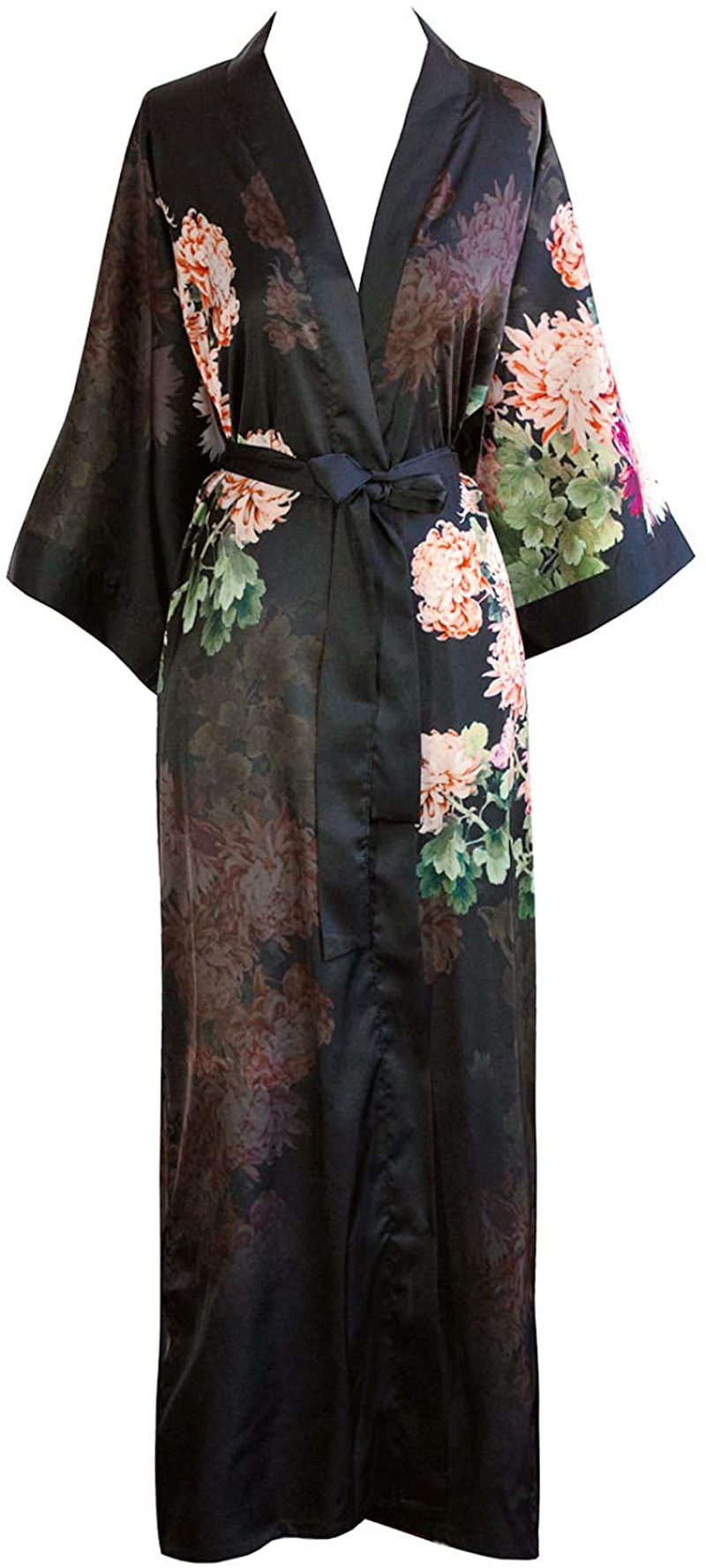 KIM+ONO Women'S Charmeuse Kimono Robe Long - Watercolor Floral Apparel & Accessories > Clothing > Sleepwear & Loungewear > Robes KIM+ONO Coral Chrysanthemum - Black  