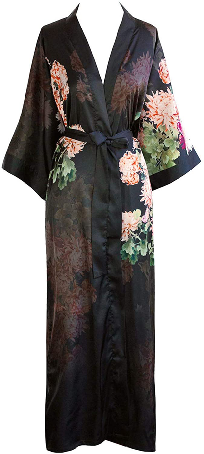 KIM+ONO Women'S Charmeuse Kimono Robe Long - Watercolor Floral Apparel & Accessories > Clothing > Sleepwear & Loungewear > Robes KIM+ONO Coral Chrysanthemum - Black  