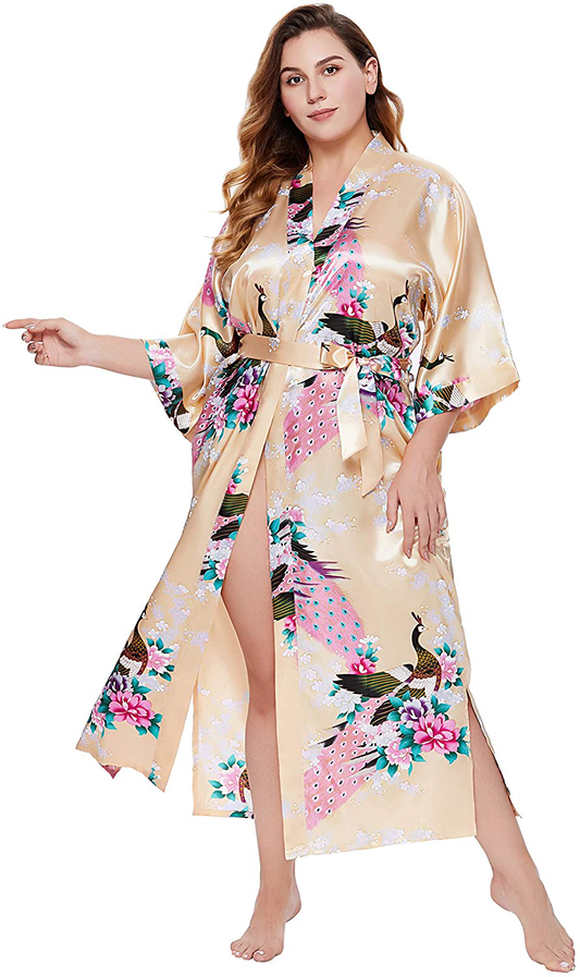 BABEYOND Women'S plus Size Kimono Robe Long Robes with Peacock and Blossoms Printed plus Size Kimono Outfit Apparel & Accessories > Clothing > Sleepwear & Loungewear > Robes KYLIE MAX Champagne 2X 