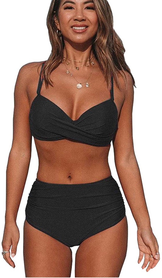 Beachsissi Womens Bathing Suit 2 Piece Bikini Set Twist Front High Waisted Swimsuit Apparel & Accessories > Clothing > Swimwear Beachsissi Black Medium 
