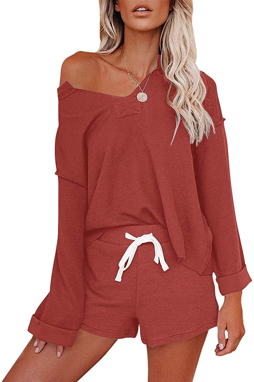 MEROKEETY Women's Long Sleeve Pajama Set Henley Knit Tops and Shorts Sleepwear Loungewear Apparel & Accessories > Clothing > Sleepwear & Loungewear > Pajamas MEROKEETY Red XX-Large 