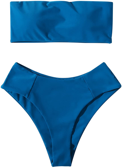 OMKAGI Women's 2 Pieces Bandeau Bikini Swimsuits Off Shoulder High Waist Bathing Suit High Cut Apparel & Accessories > Clothing > Swimwear OMKAGI 3-navy Blue X-Large 