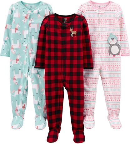 Simple Joys by Carter'S Toddler and Baby Girls' Loose Fit Fleece Footed Pajamas, Pack of 3 Apparel & Accessories > Clothing > Underwear & Socks > Lingerie Simple Joys by Carter's Buffalo Check/Penguin/Unicorn 12 Months 