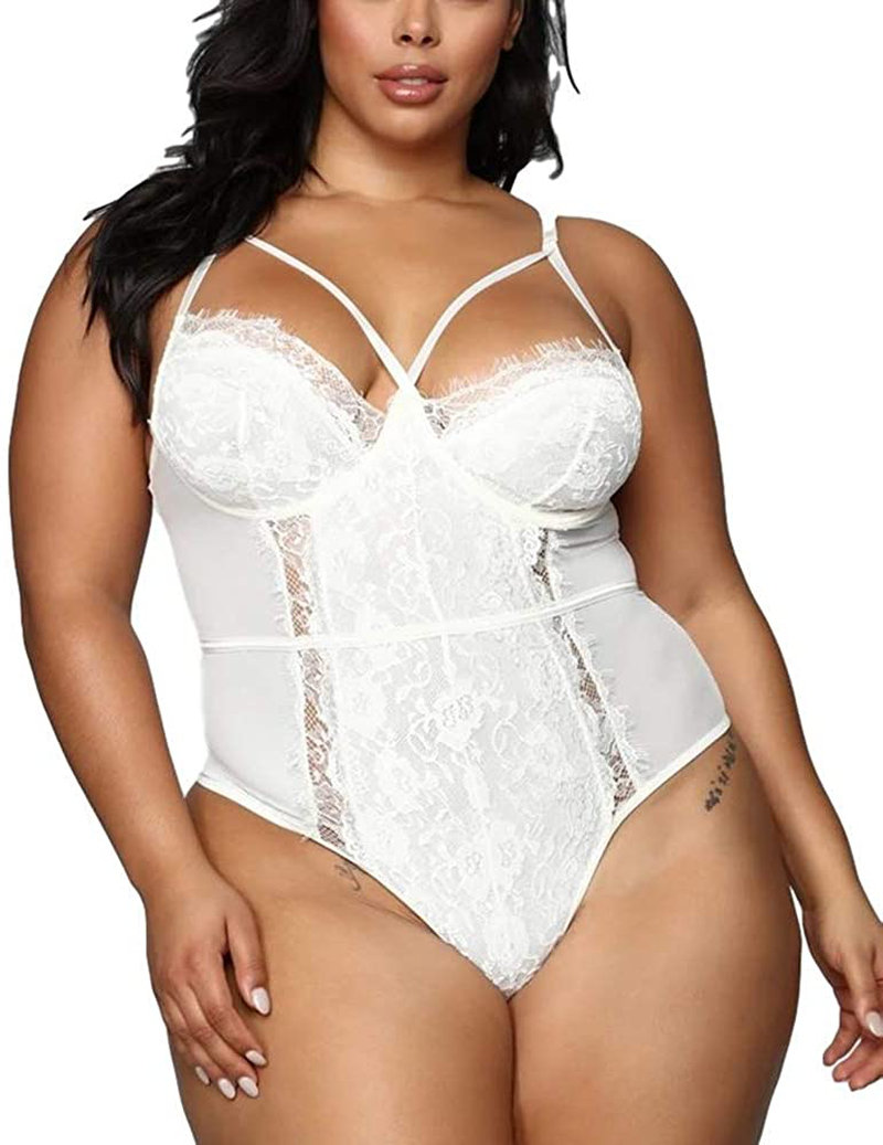 Plus Size Lingerie for Women Sexy Eyelash Lace Bodysuit Naughty Mesh One Piece Teddy Outfits Apparel & Accessories > Clothing > Underwear & Socks > Lingerie Ella Lust White 3X-Large 