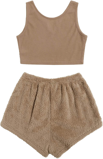 Verdusa Women'S 2 Piece PJ Set Notched Tank Top & Teddy Shorts Fuzzy Lounge Pajama Set Apparel & Accessories > Clothing > Sleepwear & Loungewear Kylie Max   