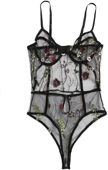 Milumia Women Sexy V Neck Floral Embroidery Sheer Mesh Backless Teddies Lingerie Mini Bodysuits Apparel & Accessories > Clothing > Underwear & Socks > Lingerie Milumia   