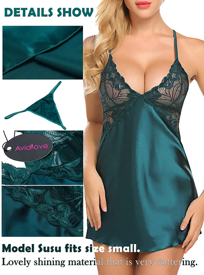 Avidlove Women Lingerie V Neck Nightwear Satin Sleepwear Lace Chemise Mini Teddy Apparel & Accessories > Clothing > Underwear & Socks > Lingerie Avidlove   