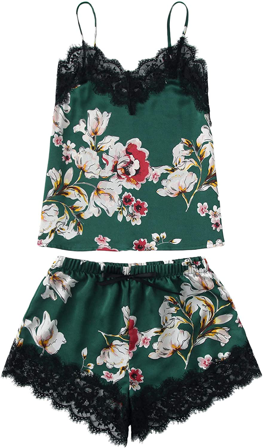 Makemechic Women'S Lace Satin Sleepwear Cami Top and Shorts Pajama Set Apparel & Accessories > Clothing > Sleepwear & Loungewear Kylie Max   