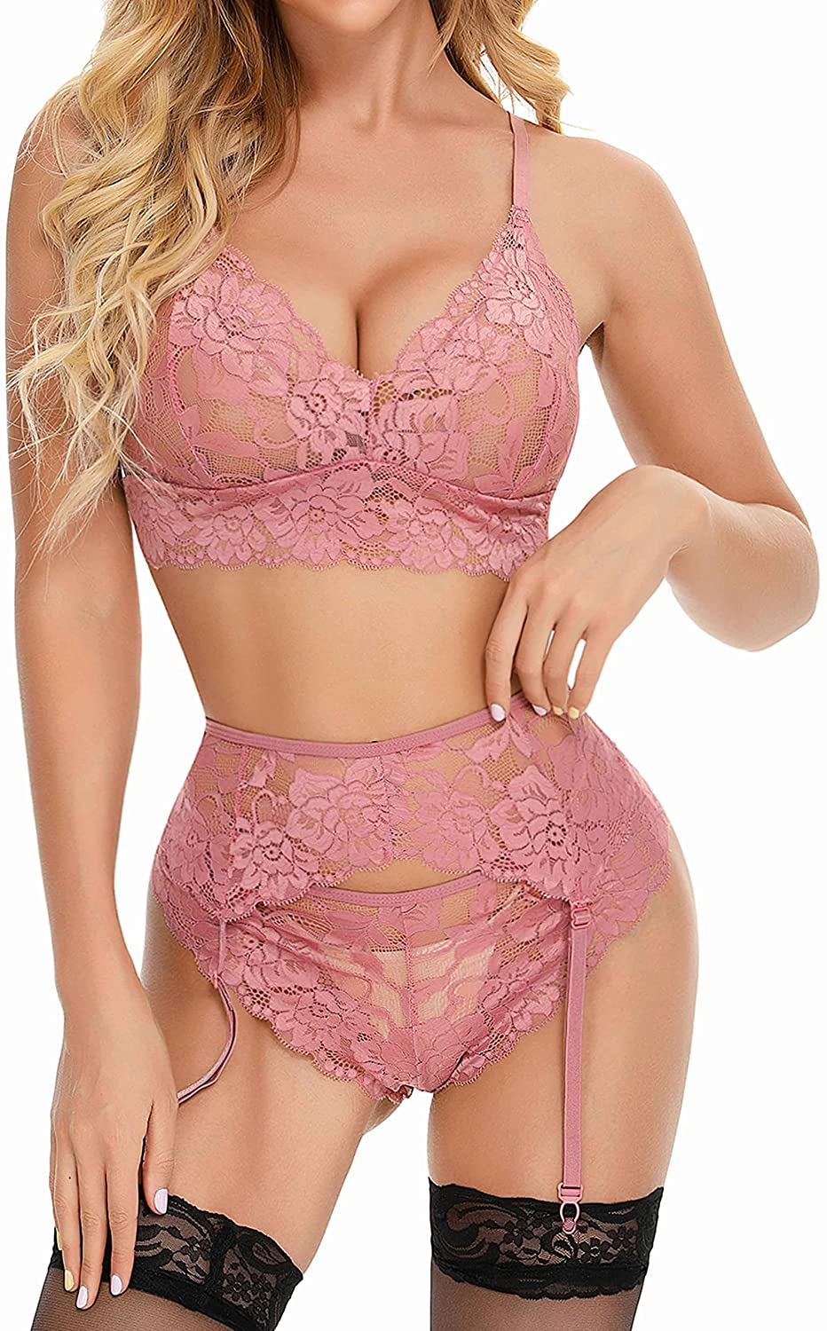 Sexy Valentines Lingerie Set for Women,3 Piece,Lace Bralette Bra and Panty Sets,Garter Belt Lingerie Apparel & Accessories > Clothing > Underwear & Socks > Lingerie Dewinya   